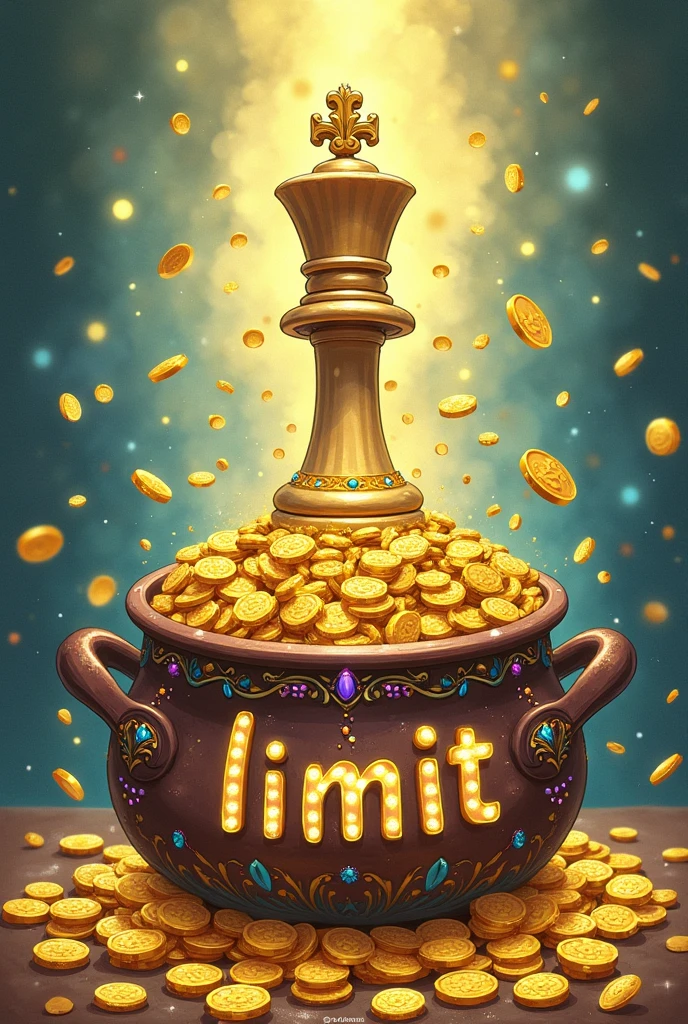 drawn drawing, gold coins in a pot, money,
Next to the chess piece is a queen
On the pot is the word "limit" adorned with jewels and beautiful stones
