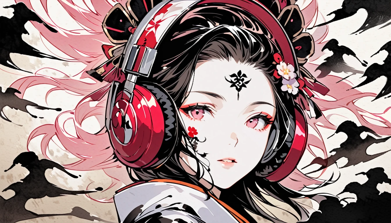 (((Ink Painting))), ((Japanese style headphones)), (((White face with Japanese pattern tattoo))), face close up, Magnificent hair ornament, Japanese Woman, Fluttering Hair, Pink