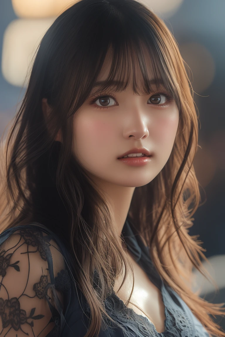 masterpiece, best quality, soft light, ultra high res, ray tracing,( photorealistic:1.4), RAW photo, 1japanese girl, solo, cute, ( pupil, lights in the eyes), detailed beautiful face,( high resolution detail of human skin texture), Beautiful girl, gravure body type, lager breasts, solo focus,( cowboy shot), professional angle, black all-lace dress patterned lace costume that reveals her chest,( See through:1.2), standing, idol pose, outdoor, on stage, looking at viewer,( portrait)