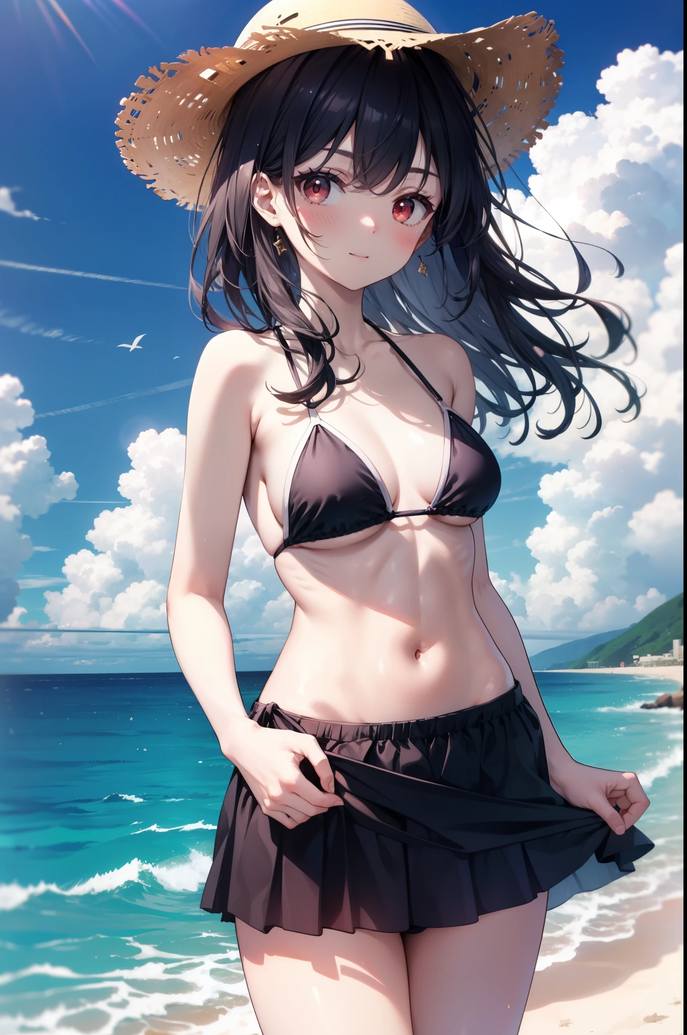 For profit, Next to Kasumigaoka, Black Hair, Long Hair, (Red eyes:1.5), 
smile,blush,Open your mouth,Straw hat,Black string bikini swimsuit,Belly button,abdomen,A thin long skirt is wrapped around her waist,barefoot,Sandy Beachを散歩している,Daytime,True Summer,Clear skies,whole bodyがイラストに入るように,
break looking at viewer,whole body, (Cowboy Shot:1. 5),
break outdoors, Sandy Beach,Beach,
break (masterpiece:1.2), Highest quality, High resolution, unity 8k wallpaper, (figure:0.8), (Beautiful attention to detail:1.6), Highly detailed face, Perfect lighting, Highly detailed CG, (Perfect hands, Perfect Anatomy),