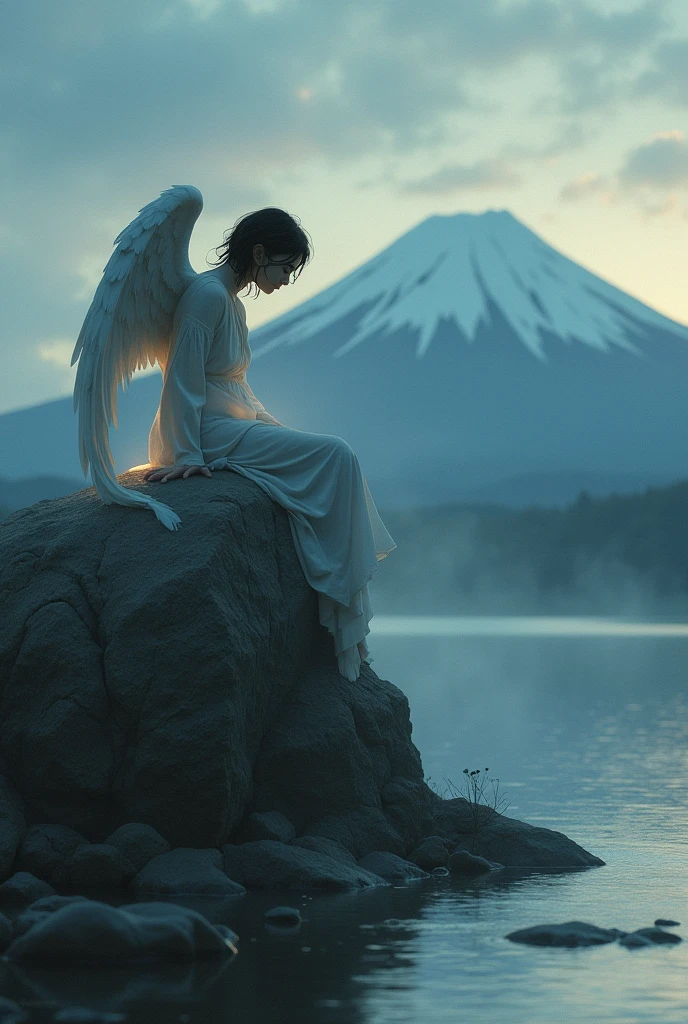 a sad angel, sitting on a large rock on the river bank at dusk, mt.fuji