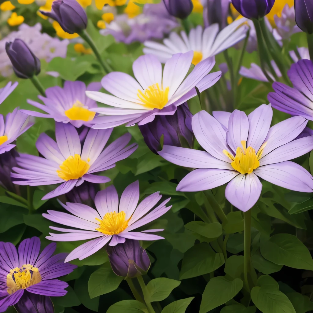 purple and yellow flowers are growing in a garden, purple and yellow, violet polsangi, by Hans Werner Schmidt, violet flower, by Dietmar Damerau, violet, yellow purple, by Karl Gerstner, yellow and purple tones, draped in silky purple and gold, some purple and orange, by Hans Schwarz, some purple, very colourful