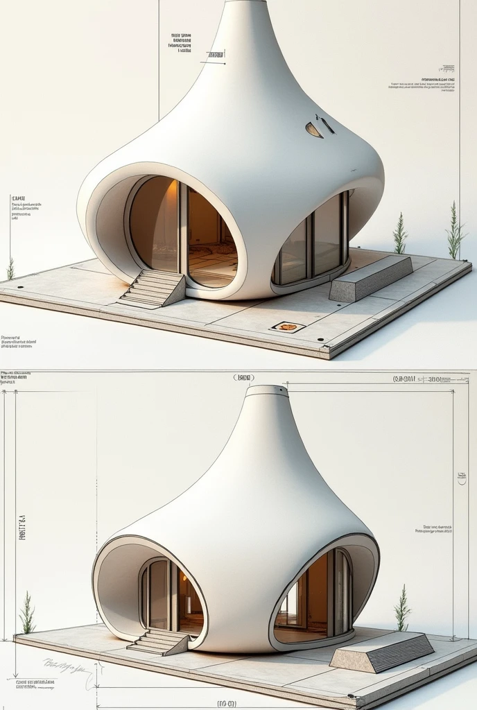 Make a blue print for a miniature building with all conic sections
with front left and right view of the building