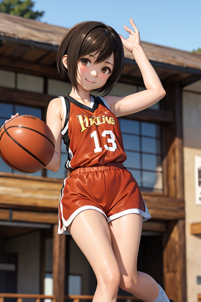 yuffie kisaragi、One Woman、Brown Hair、Asymmetrical bangs、Small waist、Thin legs、smile、Basketball Uniforms、dribble