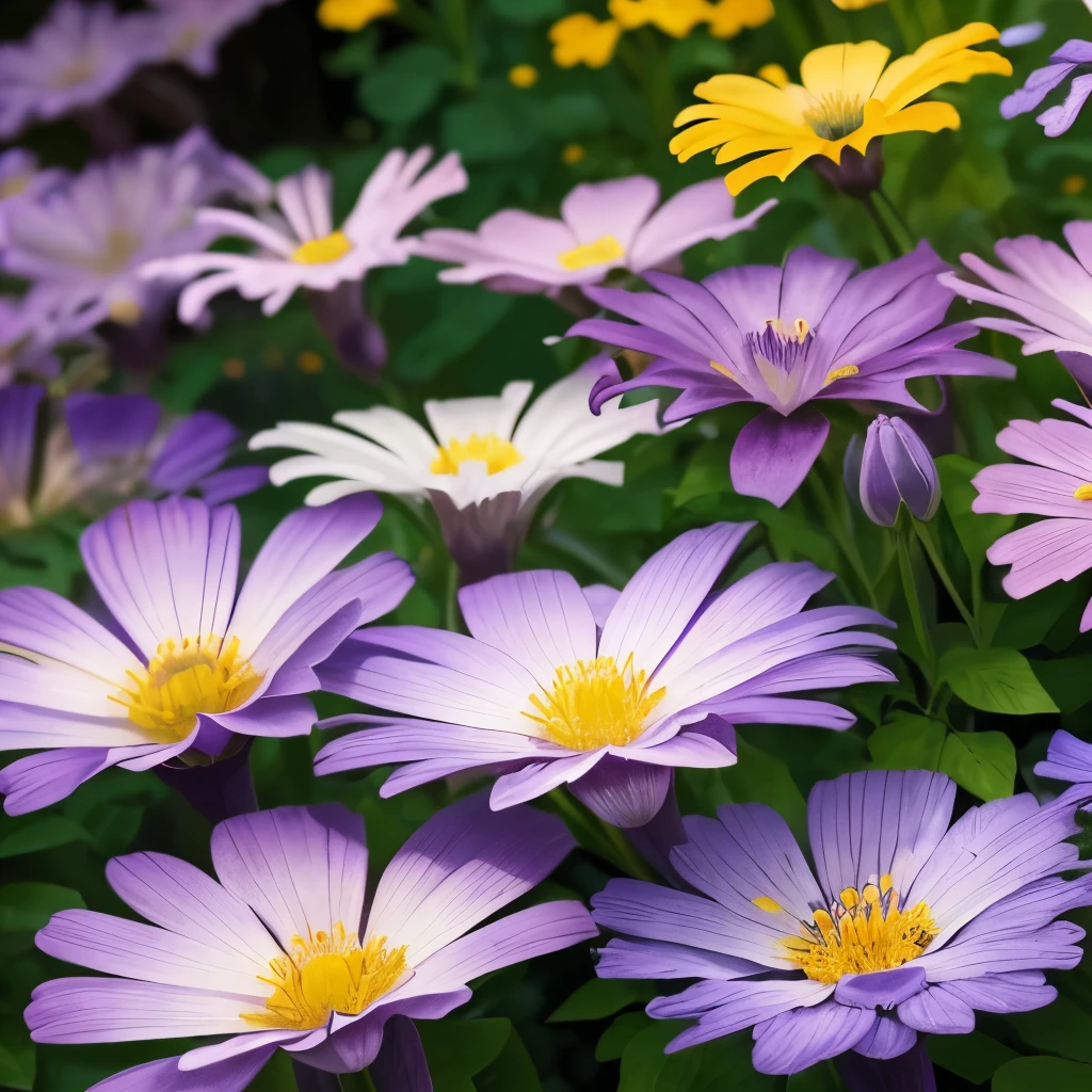 purple and yellow flowers are growing in a garden, purple and yellow, violet polsangi, by Hans Werner Schmidt, violet flower, by Dietmar Damerau, violet, yellow purple, by Karl Gerstner, yellow and purple tones, draped in silky purple and gold, some purple and orange, by Hans Schwarz, some purple, very colourful