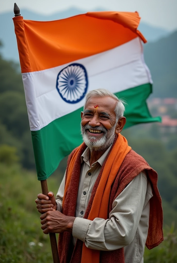 A nepali old man happily holding a national flag of india