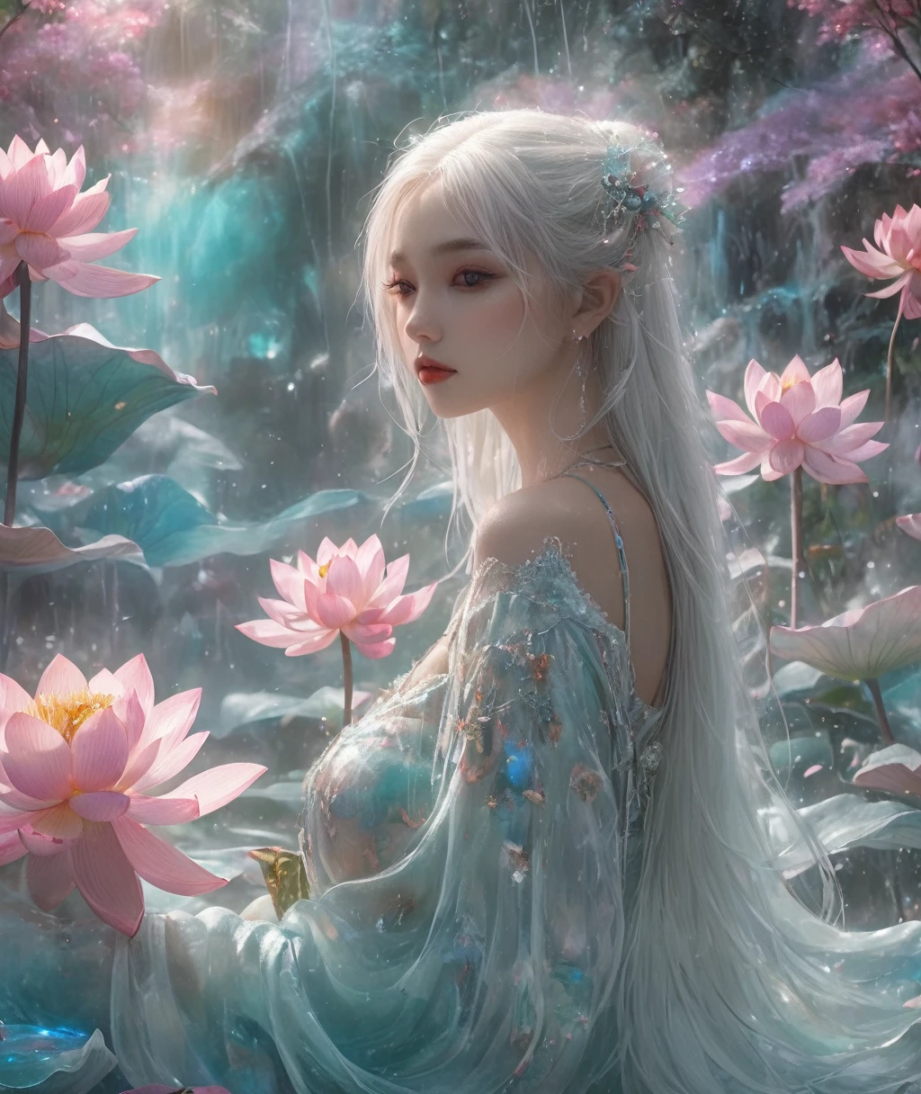 (best quality,4K,8K,high resolution,masterpiece:1.2), Very detailed, (Practical,lifelike,lifelike的:1.37),Perfect job,(((Beautiful magic elf, White hair,)))。lotus,Frost,transparent。,High Dynamic Range,Ultra HD,Light,Super beautiful painting,Clear focus,Physically Based Rendering,Very detailed的描述,Main,Vibrant colorlur background。 Art style:portrait,fantasy,Magical Creatures,Cool colors,Ethereal atmosphere。身体发Light,发Light的线条,荧Light,发Light例子,Tracking Example,闪Light,萤Light粒子,逆Light,透Light,Light粒子