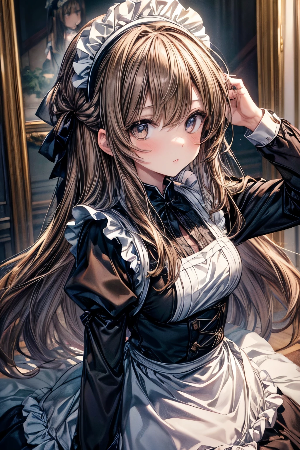 (masterpiece, best quality, perfect face, expressive eyes), 1girl, (adult), (anime), long brown hair, black eyes, brown maid uniform, maid headband, intricate details,