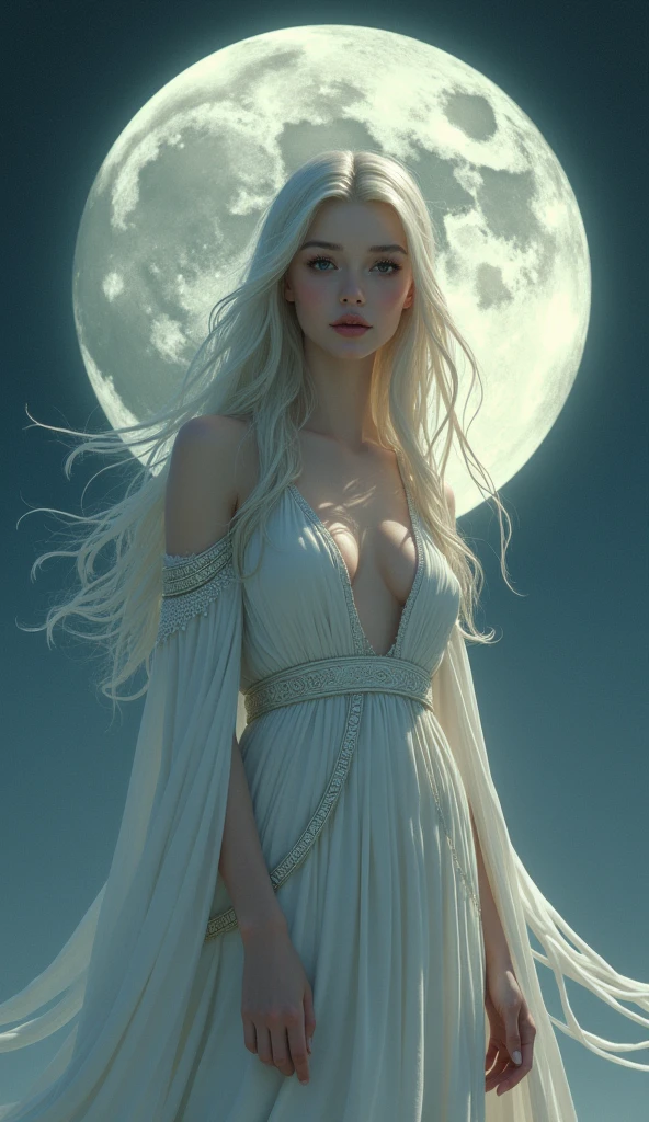 Moon Goddess The background is a beautiful starless night. The face is clearly visible Celtic white clothes