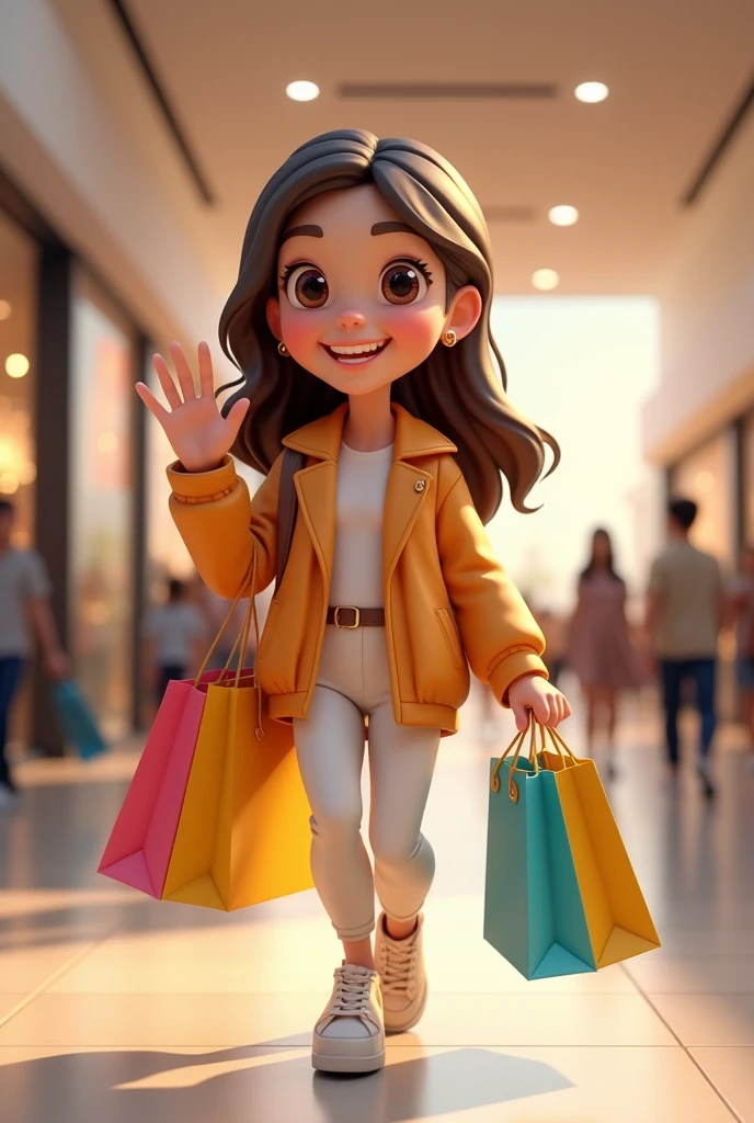 3d Animated cartoon character female carrying shopping bags and waving goodbye at the exit of the mall, looking happy and satisfied.