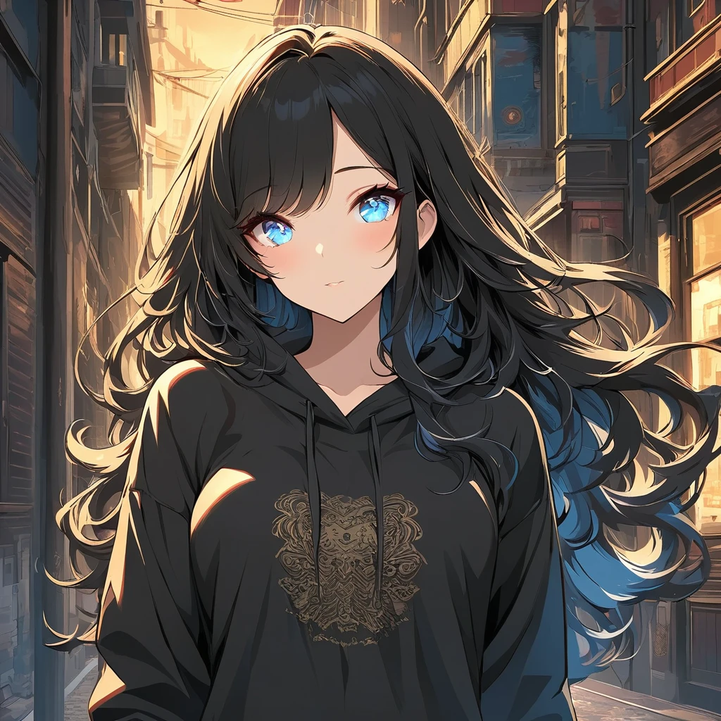 Masterpiece, Very detailed, Ultra-detailed, one tall beautiful woman, Masterpiece, Very detailed, Ultra-detailed, lovely wavy black hair, beautiful eyes, yellow, red, and blue mixed eyes, attractive, black hoodie, inabakumori art style, lagtrain