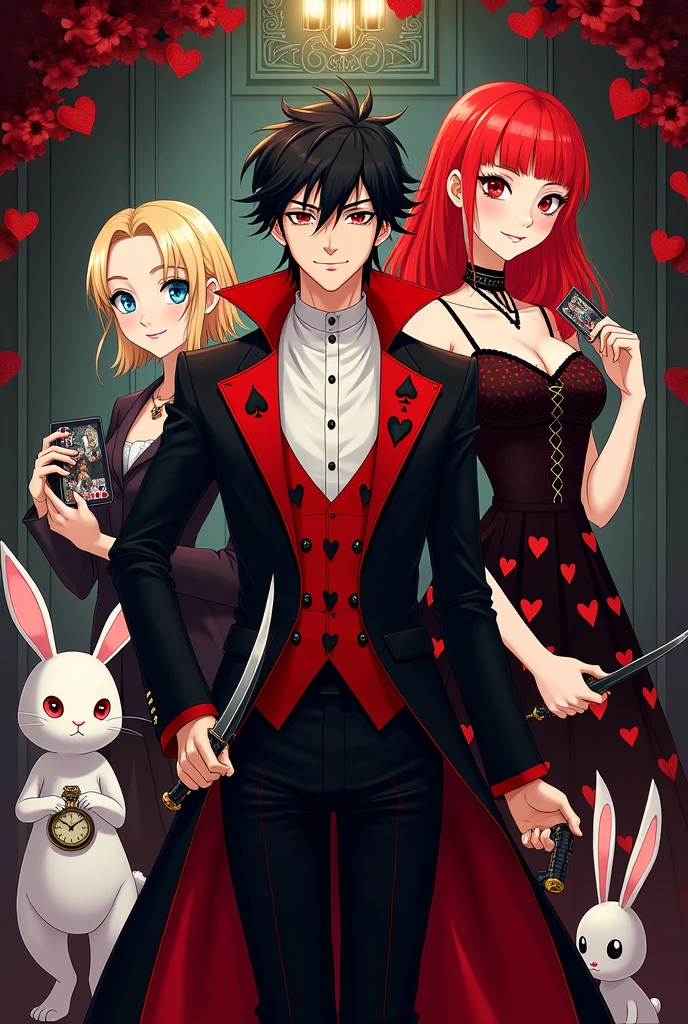 Movie poster Reddish's Bad Plays
A young man in a black and red suit with a heart design ,black and red hair and a deck of cards in one hand and a sword in the other, Behind a woman with red hair and a red dress ,made of black hearts, on one side a white rabbit with a watch and on the other side a blonde girl with blue eyes.