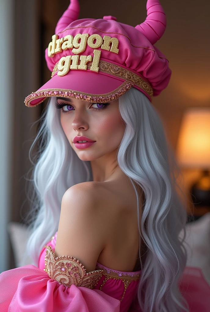 A captivating photography of a fashionable woman long silver hair, full lips, cheekbones high, exudes elegance and style. She wears a stunning pink and gold ensemble with intricate details, complemented by a chic hat with a visor that reads "dragon girl" in bold, gold PINK Chibi font. Her silver longe hair, big violet eyes, and pink full lips contrast beautifully against the dark outfit. The photo-inspired modern design is captured in a vivid, realistic manner, with the background showcasing a contemporary living room. whith her back to camara, This visually striking image is perfect for a poster or photography, the essence of fashion and anime-inspired art. photo, poster, photography, fashion, photo