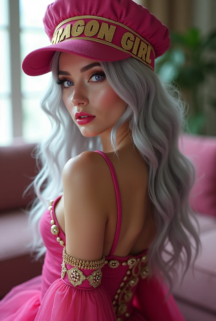 A captivating photography of a fashionable woman long silver hair, full lips, cheekbones high, exudes elegance and style. She wears a stunning pink and gold ensemble with intricate details, complemented by a chic hat with a visor that reads "dragon girl" in bold, gold PINK Chibi font. Her silver longe hair, big violet eyes, and pink full lips contrast beautifully against the dark outfit. The photo-inspired modern design is captured in a vivid, realistic manner, with the background showcasing a contemporary living room. whith her back to camara, This visually striking image is perfect for a poster or photography, the essence of fashion and anime-inspired art. photo, poster, photography, fashion, photo