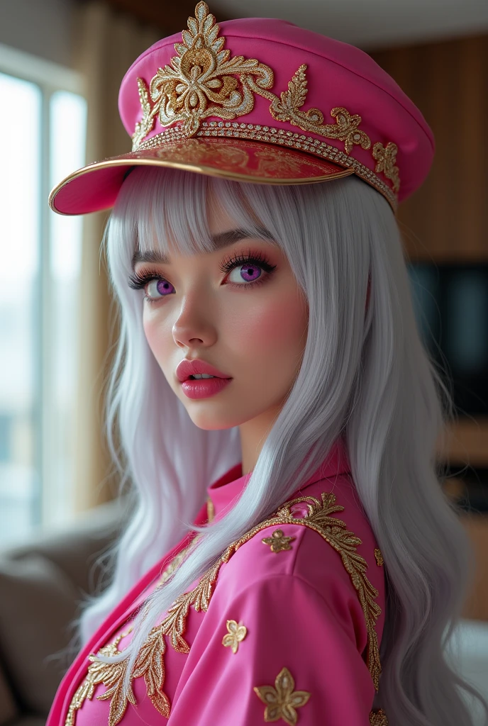 A captivating photography of a fashionable woman long silver hair, full lips, cheekbones high, exudes elegance and style. She wears a stunning pink and gold ensemble with intricate details, complemented by a chic hat with a visor that reads "dragon girl" in bold, gold PINK Chibi font. Her silver longe hair, big violet eyes, and pink full lips contrast beautifully against the dark outfit. The photo-inspired modern design is captured in a vivid, realistic manner, with the background showcasing a contemporary living room. whith her back to camara, This visually striking image is perfect for a poster or photography, the essence of fashion and anime-inspired art. photo, poster, photography, fashion, photo