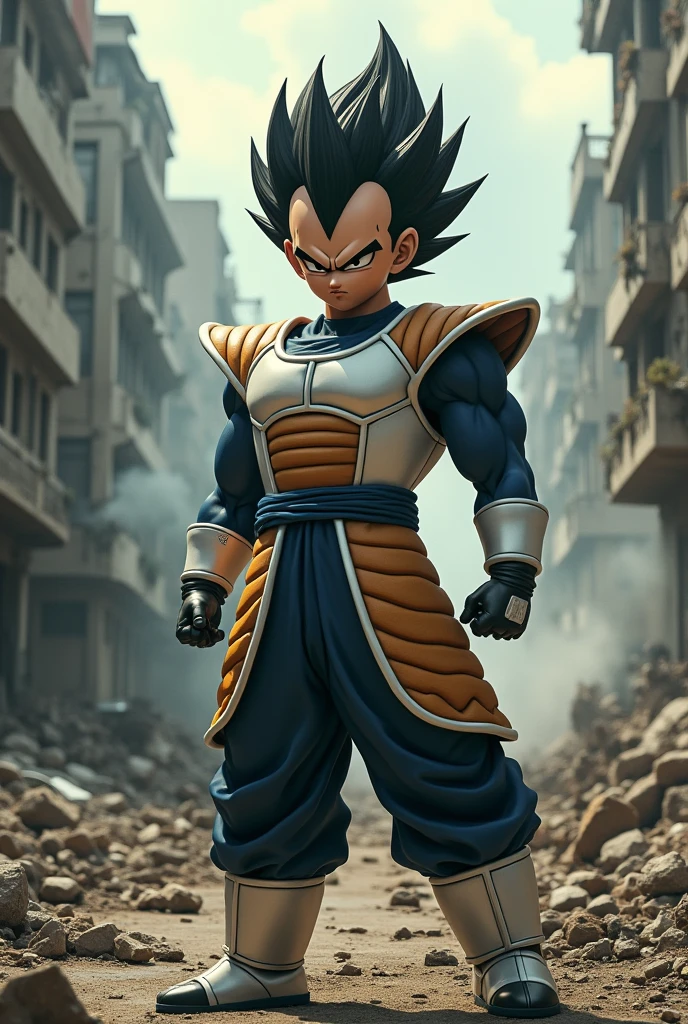 create Vegeta with Jet Li's face in a destroyed city 4k