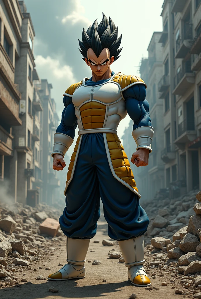 create Vegeta with Jet Li's face in a destroyed city 4k