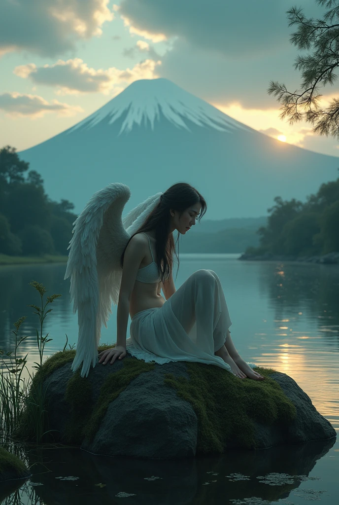 a sad angel, sitting on a large rock on the river bank at dusk, mt.fuji, 1 angel, beautiful detailed eyes, beautiful detailed lips, extremely detailed face and features, long eyelashes, melancholic expression, dusk lighting, soft glowing light, dramatic clouds, mt. fuji in background, river flowing, large mossy rock, detailed landscapes, serene atmosphere, muted color palette, oil painting, cinematic composition, photorealistic, 8k, high quality, masterpiece