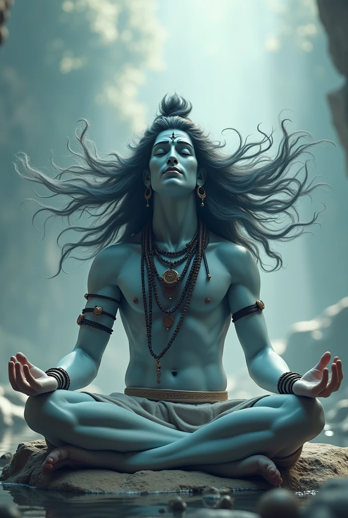 Photorealistic Image Lord Shiva meditating with hair floating in air, calm face, in ther dimension