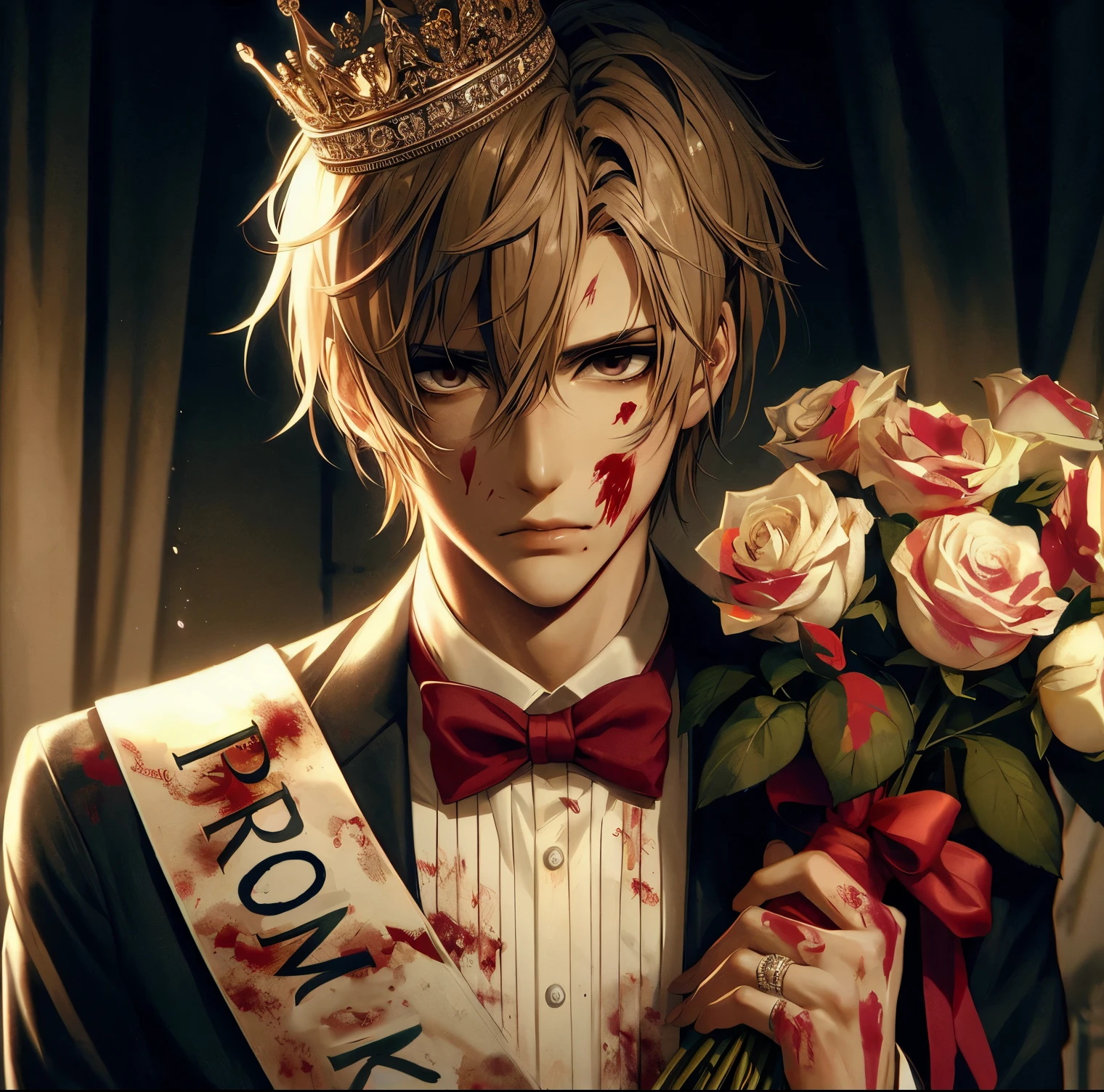 Realistic anime style blood splatter, Blood dripping, blood on the white roses, soft and natural