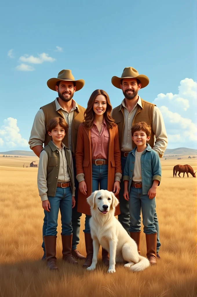 Generate an image of a family in the plains, father, mother and three sons, the sons are men of different ages. Consider adding a white fluffy breed pet. You can add horses.