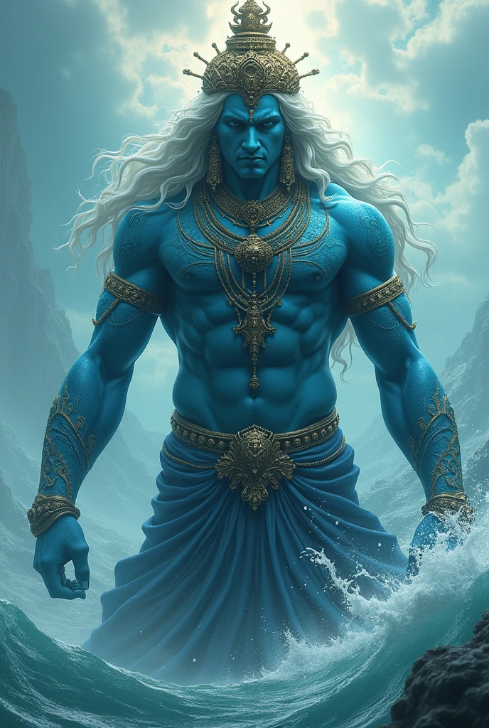 Sea God: Huge and imposing, with a blue body, adorned in decorated crown and jewellery. He has a divine and humble posture, as if he is bowing before Lord Rama.