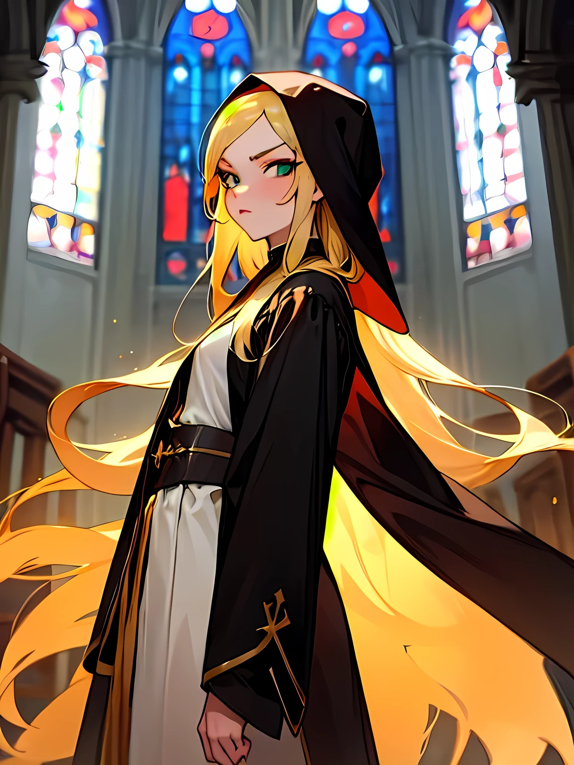 sideview,solo, looking at viewer,upprbody, glaring, blonde, straight long hair, eye shadow, eyeliner, pretty face,black monk's clothes, church,  Virgin Mary,