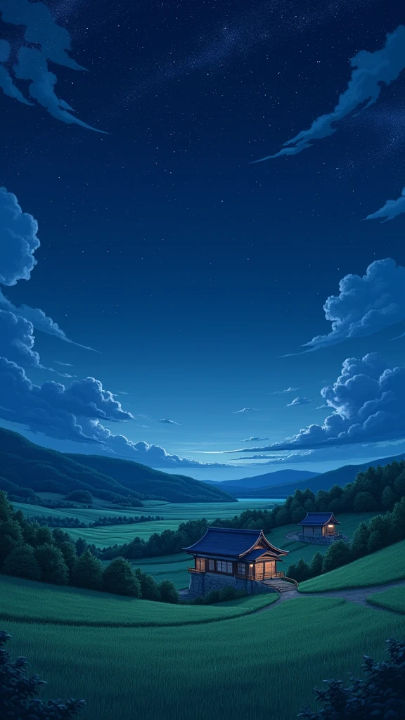 **"A wide-angle view of a Japanese countryside at night during summer. The scene includes a vast, star-filled sky with twinkling stars spread across the dark blue sky. Below, traditional Japanese houses are lined up, surrounded by fields of crops. The landscape is illuminated subtly by moonlight, and the quiet, serene atmosphere of the countryside is evident. The overall perspective is pulled back enough to capture the full view of the sky, fields, and houses, emphasizing the peaceful and expansive nature of the rural setting.  - (relaxed)