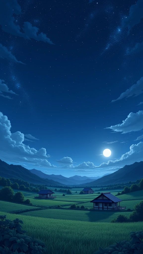 **"A wide-angle view of a Japanese countryside at night during summer. The scene includes a vast, star-filled sky with twinkling stars spread across the dark blue sky. Below, traditional Japanese houses are lined up, surrounded by fields of crops. The landscape is illuminated subtly by moonlight, and the quiet, serene atmosphere of the countryside is evident. The overall perspective is pulled back enough to capture the full view of the sky, fields, and houses, emphasizing the peaceful and expansive nature of the rural setting. - (relaxed)