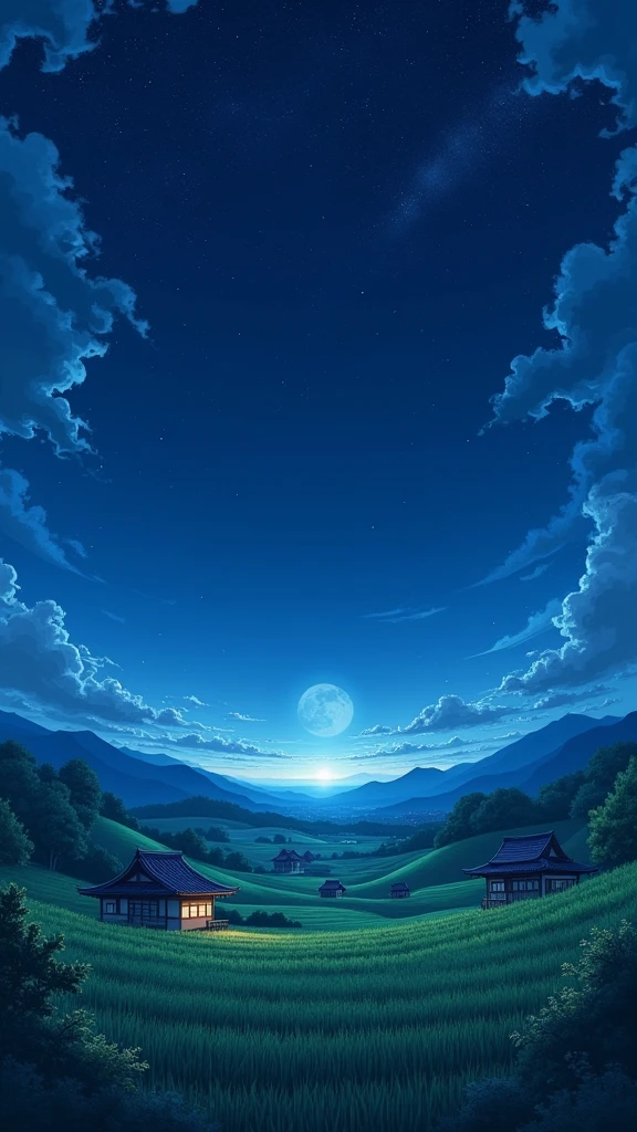**"A wide-angle view of a Japanese countryside at night during summer. The scene includes a vast, star-filled sky with twinkling stars spread across the dark blue sky. Below, traditional Japanese houses are lined up, surrounded by fields of crops. The landscape is illuminated subtly by moonlight, and the quiet, serene atmosphere of the countryside is evident. The overall perspective is pulled back enough to capture the full view of the sky, fields, and houses, emphasizing the peaceful and expansive nature of the rural setting. - (relaxed)