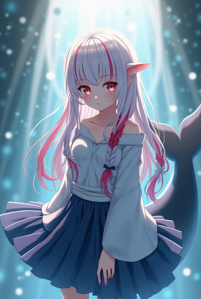 A girl with white hair with red streaks and heterochromia. One eye is light pink, the other is light blue, with thick braided hair. This is a girl with fish ears and a big killer whale tail hanging from her tailbone. She also has webbing between her fingers. Anime Style