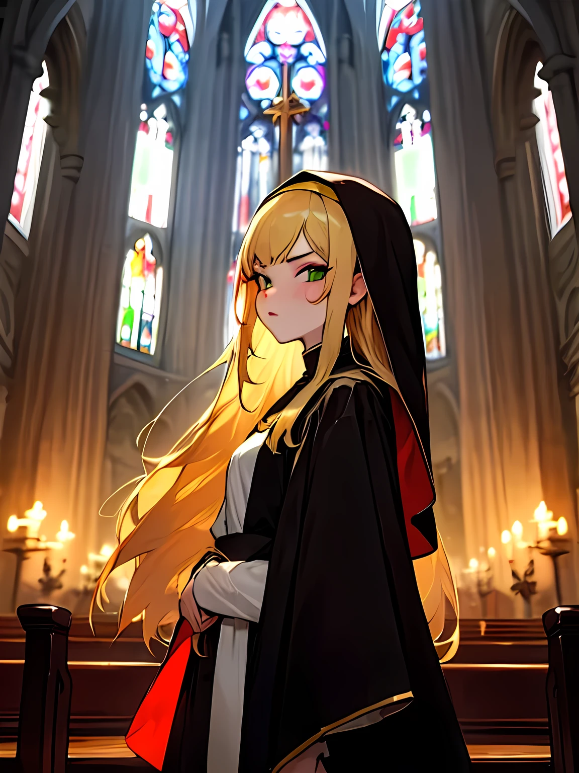 sideview,solo, looking at viewer,upprbody, glaring, blonde, straight long hair, eye shadow, eyeliner, pretty face,black monk's clothes, church, Virgin Mary,