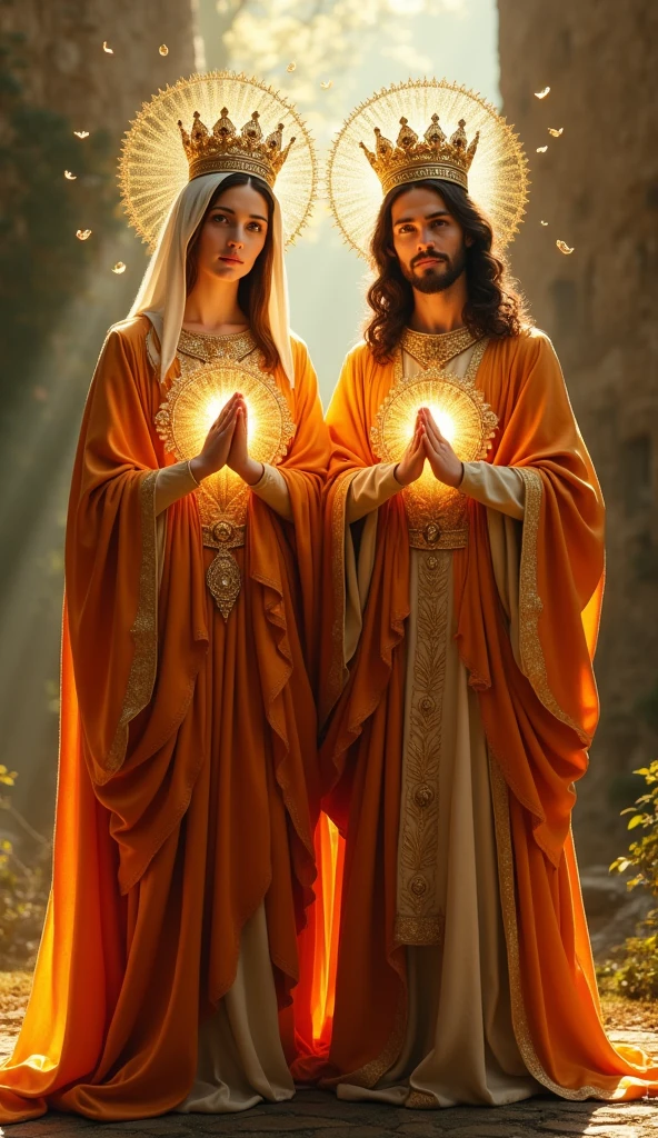 Perfect five-fingered hands, beautiful Virgin Mary and handsome Jesus Christ portrait. wearing orange robes of king and queen、the crown of king and queen are shining light from their heads and hearts to the whole cloud, The Virgin Mary and Jesus Christ, Real blue eyes, sunny day, Intricate details.real The Virgin Mary and Jesus Christ, Straight head face, straight body.Prayer The Virgin Mary and Jesus Christ, perfect full body, Perfect fingers,Prayer The Virgin Mary and Jesus Christ, praying The Virgin Mary and Jesus Christ backgrounds natural photographic
