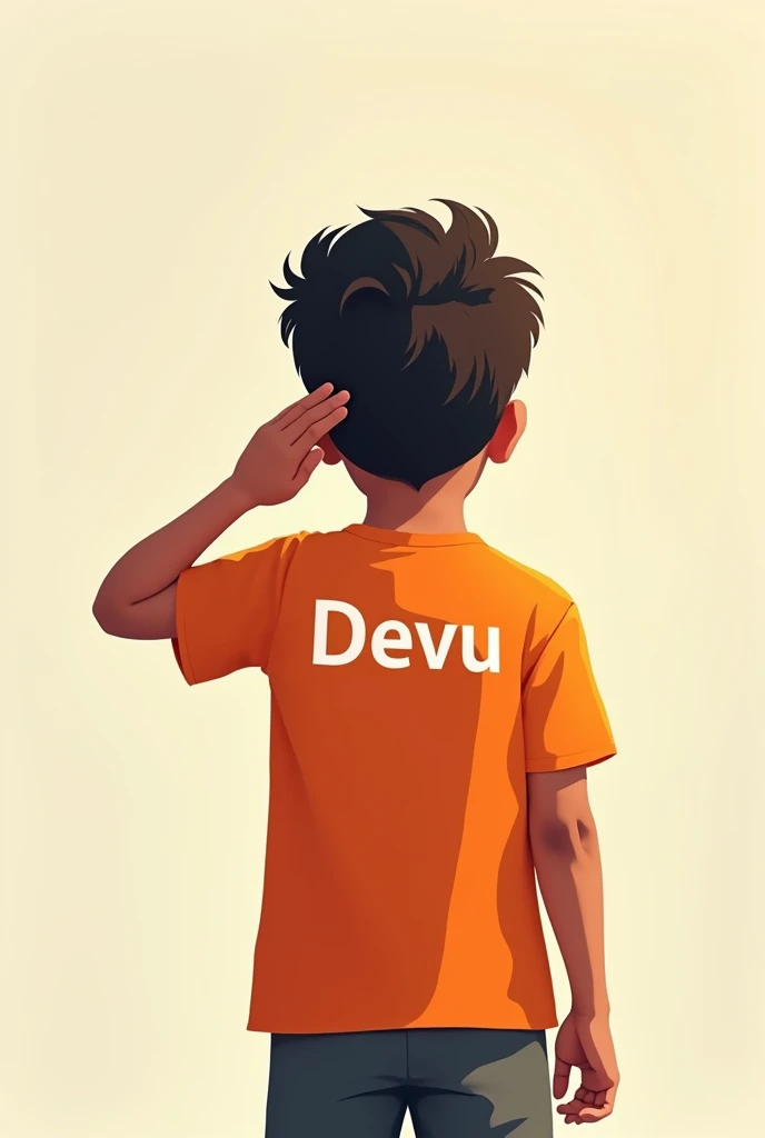 A boy whose t-shirt has Devu written on the back and the colour of his t-shirt is orange, he is saluting the Indian flag but his hand is on his forehead