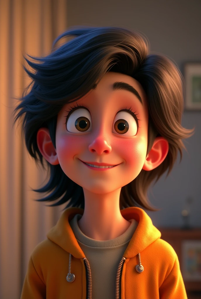 a male animated movie character in the Disney Pixar style, high qualiy, best quality , thin nose, big nose, long hair to the shoulders , Young boy, a male animated movie character in the Disney Pixar style, high qualiy, best quality , cinematographic