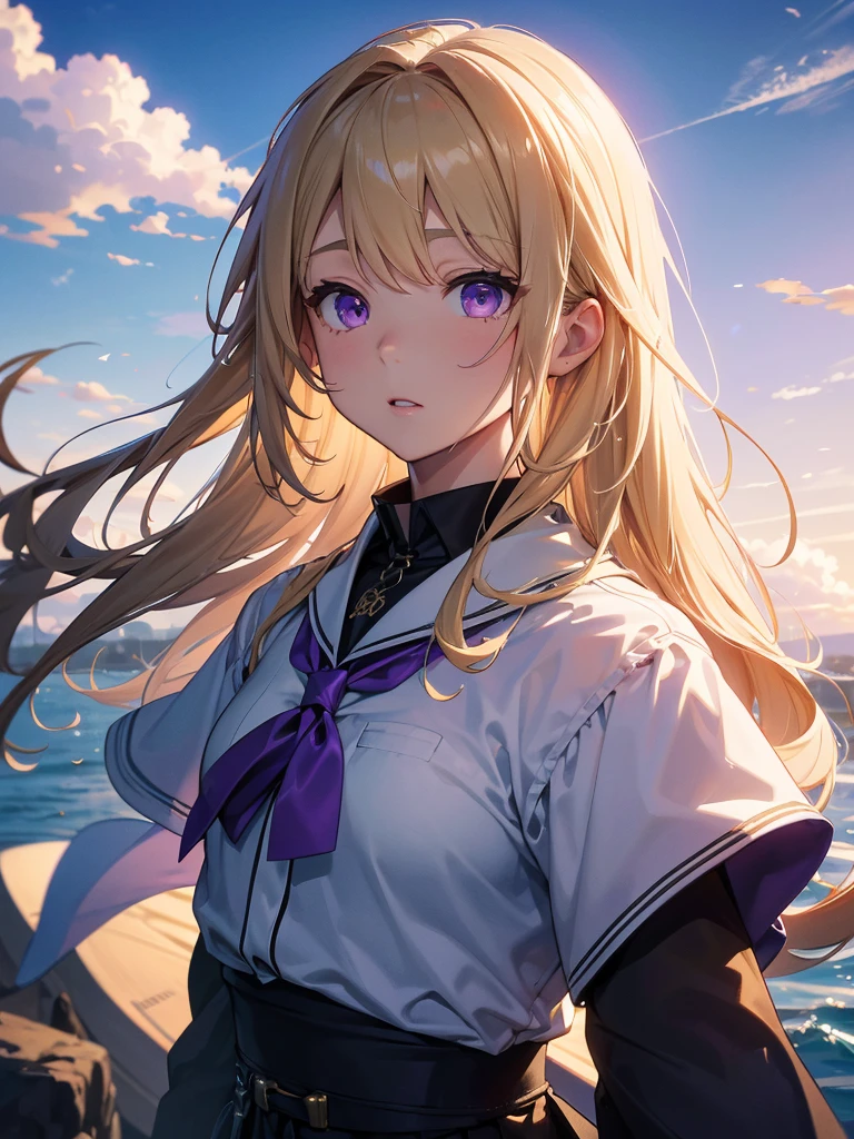 Purple eyes, Blonde,score_9, score_8_superior, score_7_superior, score_6_superior, score_5_superior, masterpiece, Highest quality, Intricate details, Sharp focus, Super detailed, null, (null飛ぶ島:1.2), null, cloud, Fantasy Landscape,入道cloudの中に浮かぶ巨大な都市, cloudのsuperiorの町, Floating School City, you can see the horizon, There&#39;s a city below,