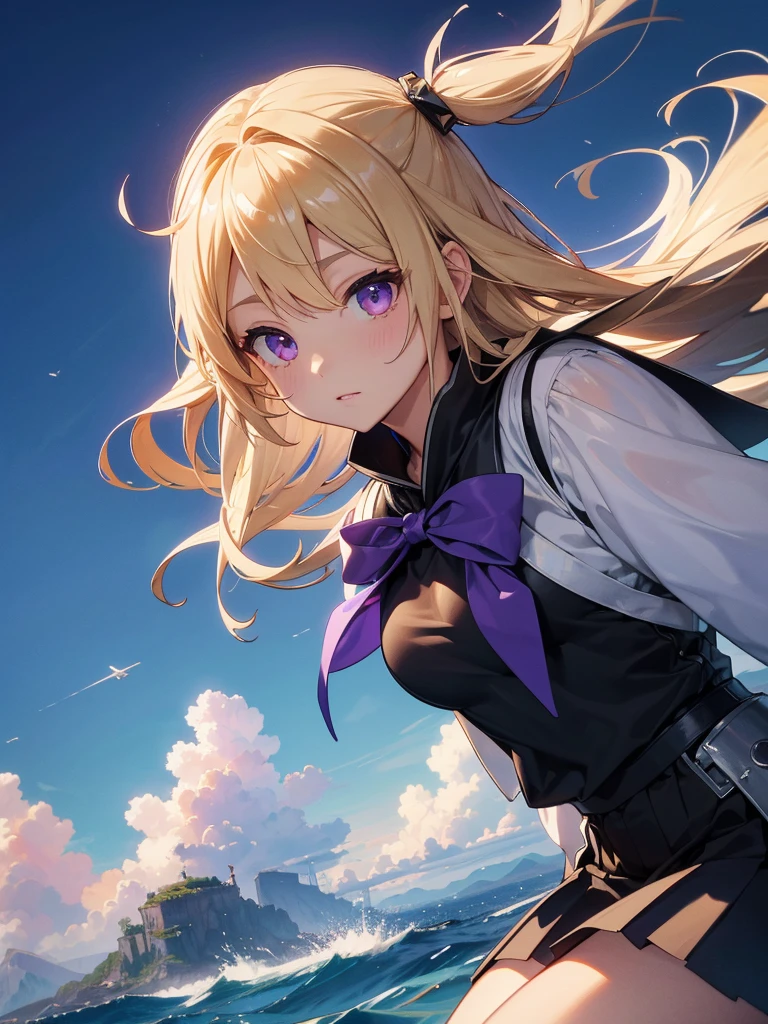 Purple eyes, Blonde,score_9, score_8_superior, score_7_superior, score_6_superior, score_5_superior, masterpiece, Highest quality, Intricate details, Sharp focus, Super detailed, null, (null飛ぶ島:1.2), null, cloud, Fantasy Landscape,入道cloudの中に浮かぶ巨大な都市, cloudのsuperiorの町, Floating School City, you can see the horizon, There&#39;s a city below,