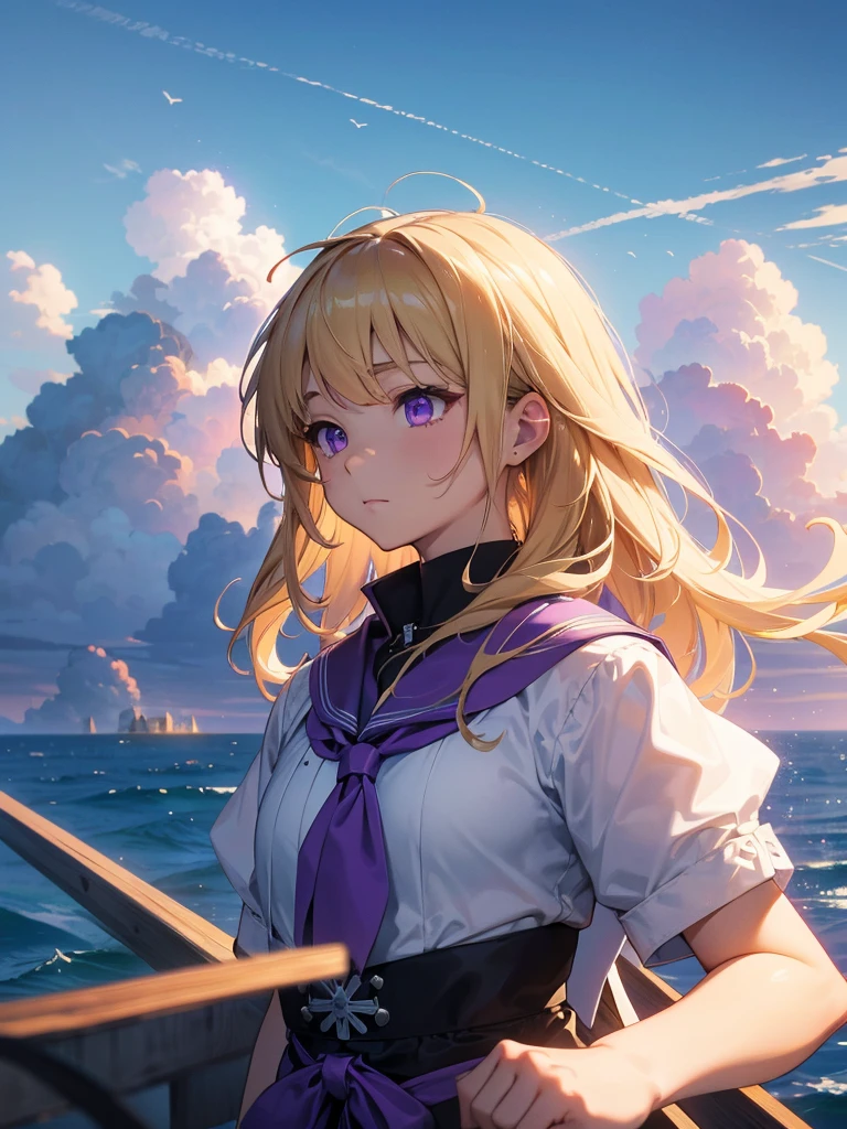 Purple eyes, Blonde,score_9, score_8_superior, score_7_superior, score_6_superior, score_5_superior, masterpiece, Highest quality, Intricate details, Sharp focus, Super detailed, null, (null飛ぶ島:1.2), null, cloud, Fantasy Landscape,入道cloudの中に浮かぶ巨大な都市, cloudのsuperiorの町, Floating School City, you can see the horizon, There&#39;s a city below,