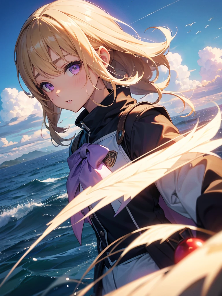Purple eyes, Blonde,score_9, score_8_superior, score_7_superior, score_6_superior, score_5_superior, masterpiece, Highest quality, Intricate details, Sharp focus, Super detailed, null, (null飛ぶ島:1.2), null, cloud, Fantasy Landscape,入道cloudの中に浮かぶ巨大な都市, cloudのsuperiorの町, Floating School City, you can see the horizon, There's a city below,