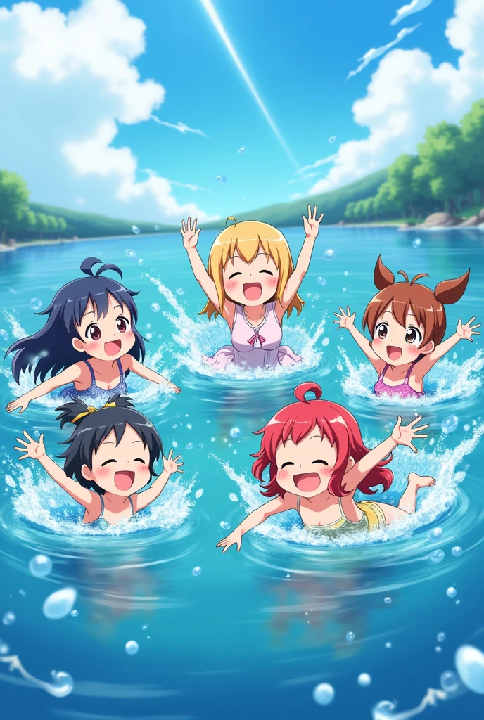 Five guys having fun splashing around in the water、Anime Style、It looks like a lot of fun!Smiling face!