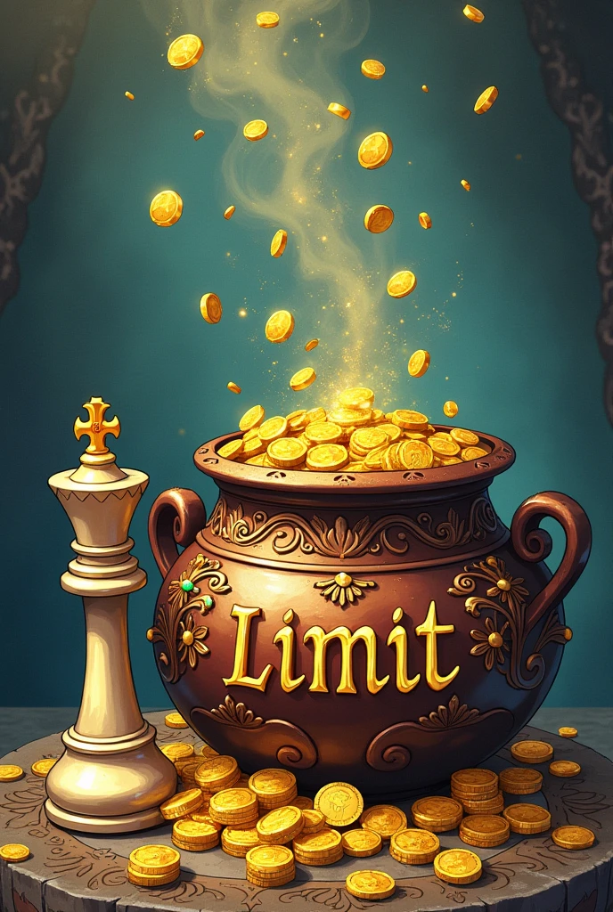drawn drawing, gold coins in a pot, money, 
Next to the chess piece is a queen
On the pot is the word "limit" adorned with jewels and beautiful stones 