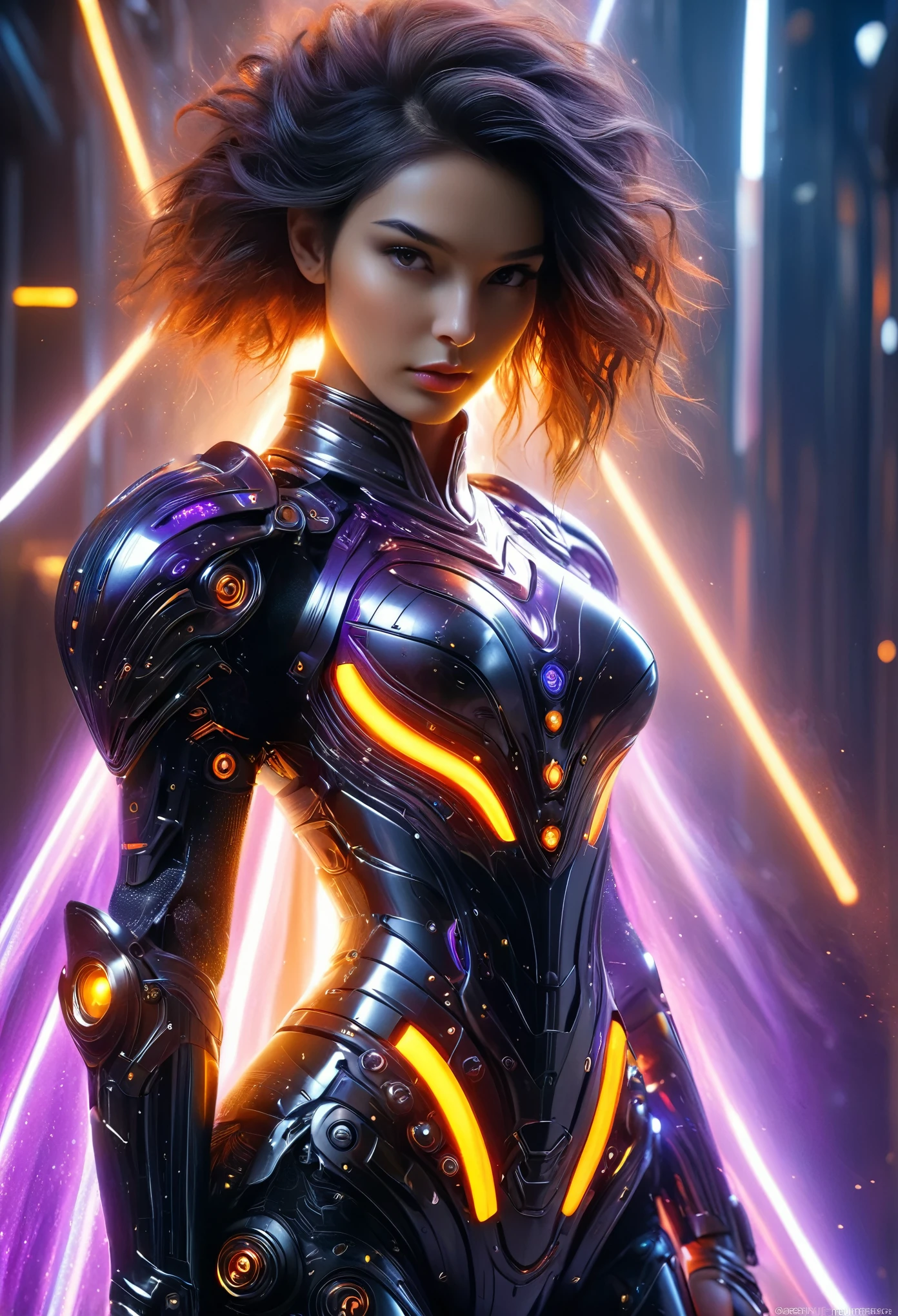 (Best Quality, 4K, 8K, High Resolution, Masterpiece: 1.2), (Super Detailed, Realistic, Photorealistic:1.37), A woman in futuristic clothing, (erotic and sexy:1.4), Trending on cgstation, Trending on cgstation, (Portrait of a girl in the Knights of the Zodiac:1.4), (blunt bangs:1.7), Cute Cyborg Girl, Perfect android girl, Portrait Astronaut Girl, Beautiful girl cyborg, Girl wearing iridescent black and orange and purple and white mechanical cyber armor, Game CG, cgsociety and fenghua zhong, Beautiful Cyborg Shrine Maiden, Bioluminescence, (Gal Gadot:0.6), Anatomically correct grip, Anatomically correct four fingers and one thumb, (long claws:1.4), erotic and sexy, A gorgeous cape with beautifully detailed embroidery, energy ball