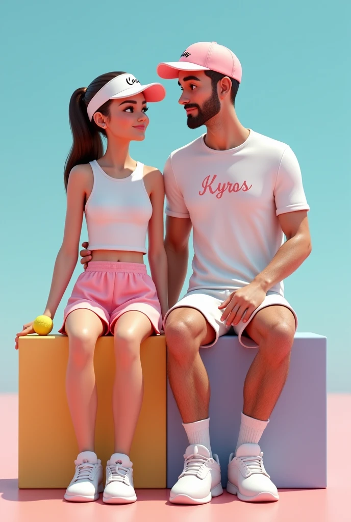 Create realistic image of  cute couple wearing tennis outfit color combinations of white and pink on it. while sit on the "FB LOGO  Icon" the girl wearing sun visor name "Cay"  3rd curve style on it.the boy on the left hand had a  tennis bath and on the t-shirt hand a name Kyros 3rd curve style on it be careful to the spelling on each letter on it.