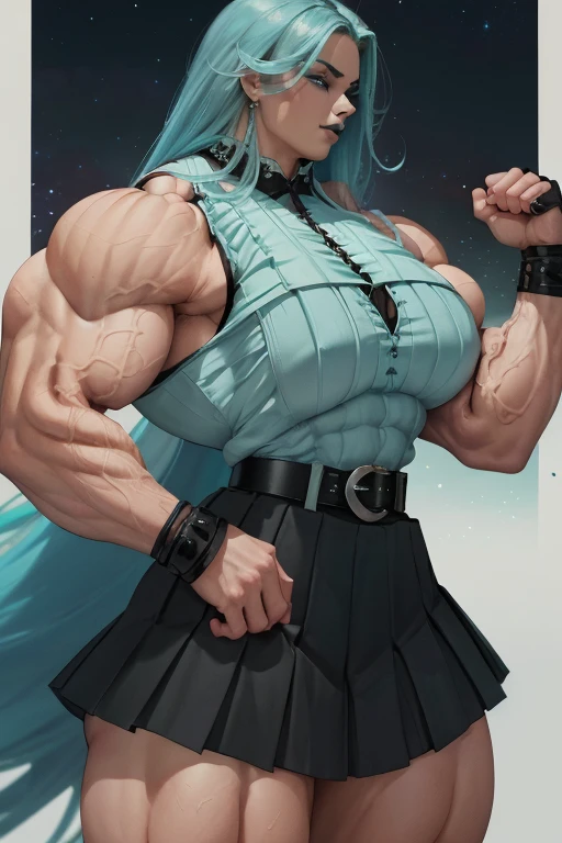 ((Close-up)), tall, (cyan hair) beautiful muscular woman, long beachy hair, pale white skinned, closed smile, (black lipstick), (massive muscles), (hyper muscle), ((ginormous bulky muscles)), purple eyes, (((sleeveless cyan pleated shirt))), (((long black pleated skirt with belt))), (fingerless gloves), necktie, boots, in a starry field, 