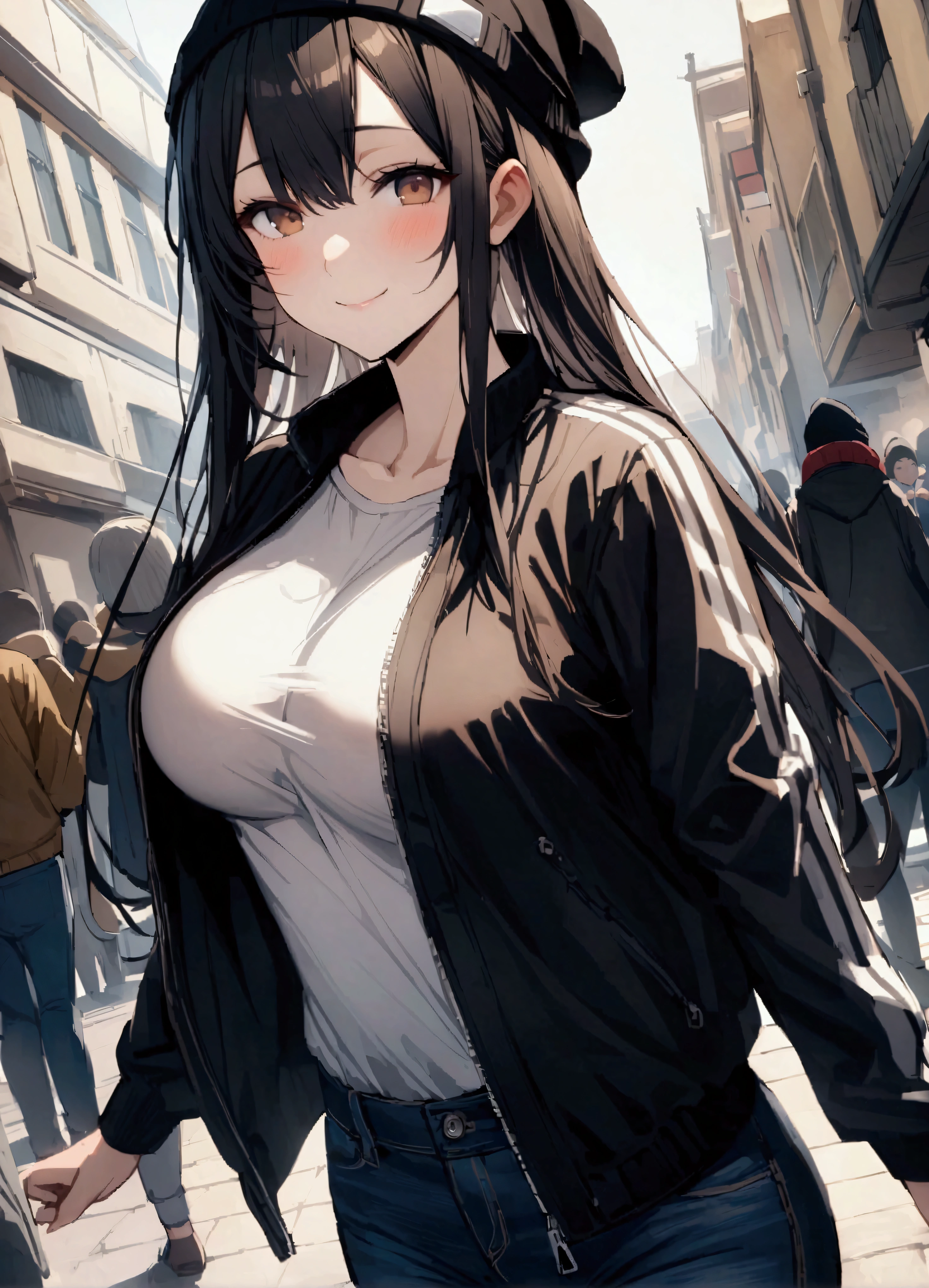 kotegawa yui、Black Hair、Brown eyes、Long Hair、Large Breasts、、レターマン Jacket、Jacket、、Outdoor、crowd、people々、in、目の上に in、Close one eye、smile、Beanie、pants、Open clothes、はだけたJacket、、Cowboy Shots、solo、Looking at the audience、Dutch Angle、