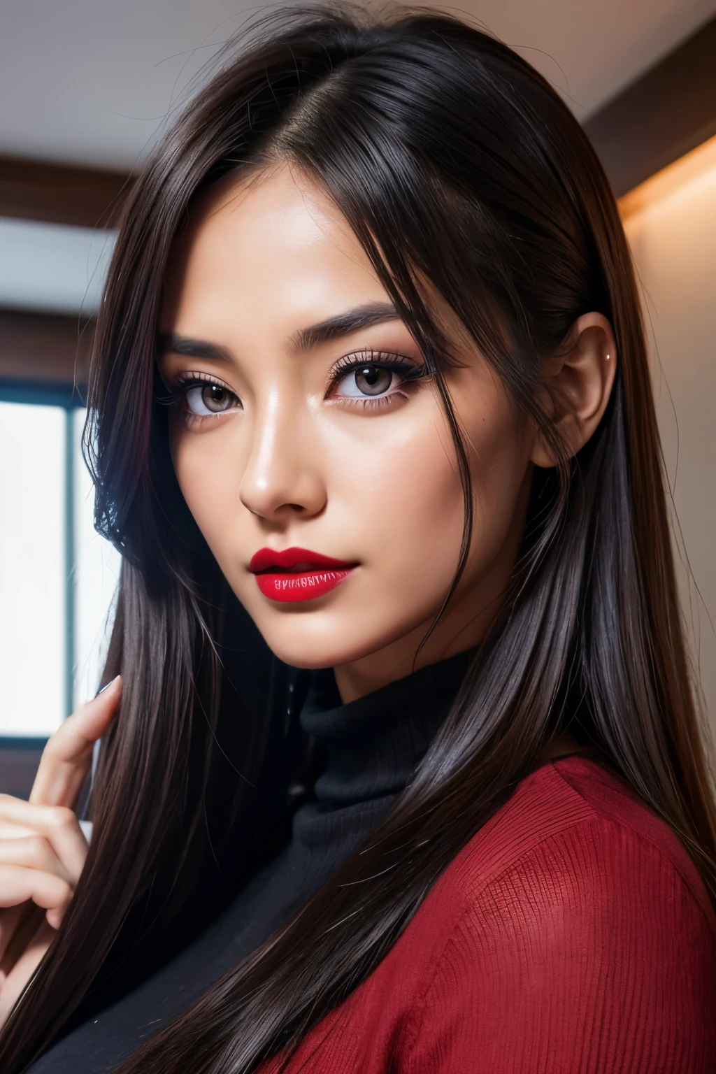 Akame, CG 8k ultra-realista, beautiful woman, seductive eyes, make-up, red lips, casual clothes
