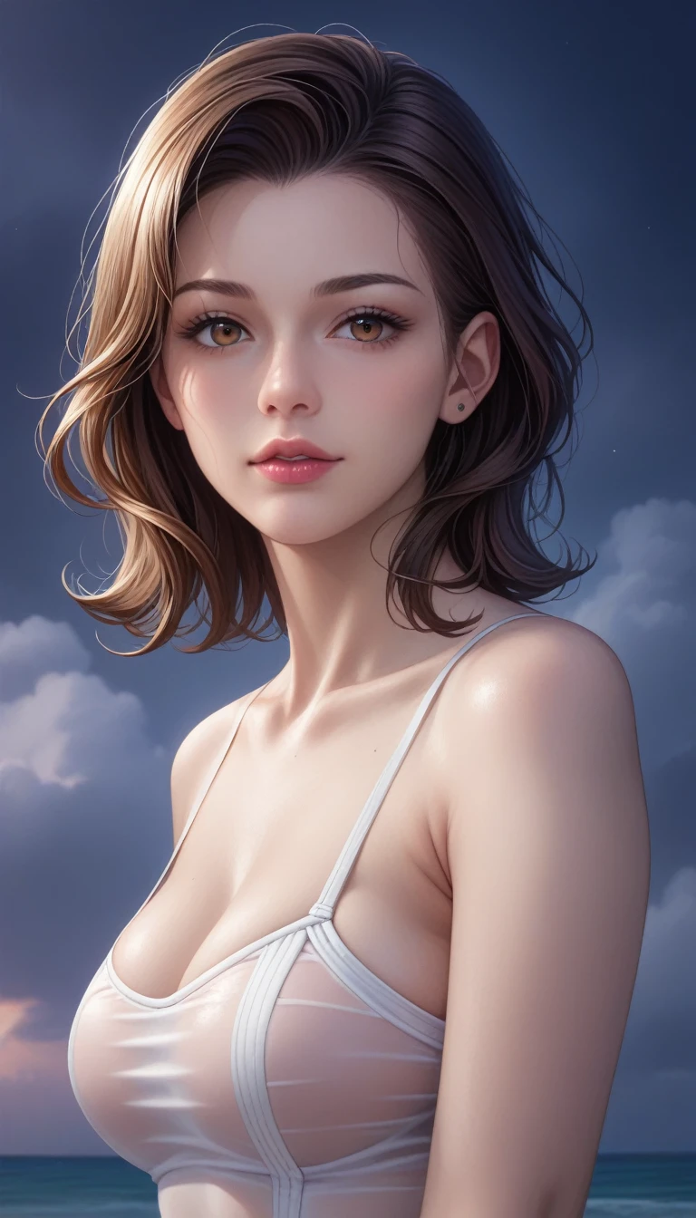 score_9, score_8_superior, score_7_superior, High-resolution CG illustration,A masterpiece in 32K resolution,Highest quality,it is really amazing,Very detailed,Ultra-high resolution,Ultra-realistic,Realistic,Increased depth of field,Cinematic lighting,
(Sexy mature Japan woman:1.1),
black straight medium hair,Ultra-detailed and beautiful face,Calm and gentle look,Beautiful brown eyes,Translucent white skin,Realistic skin texture,Great proportions,
Elegant high leg swimsuit,
Bold design,Chic color scheme,Detailed fabric texture,
(Dark overcast sky on a dull night:1.1),(Dark clouds filling the sky:1),(Thundercloud:1),Coastline at night,Stormy seas,(delay々A desolate sandy beach that continues:1),
Cinematic Angle,