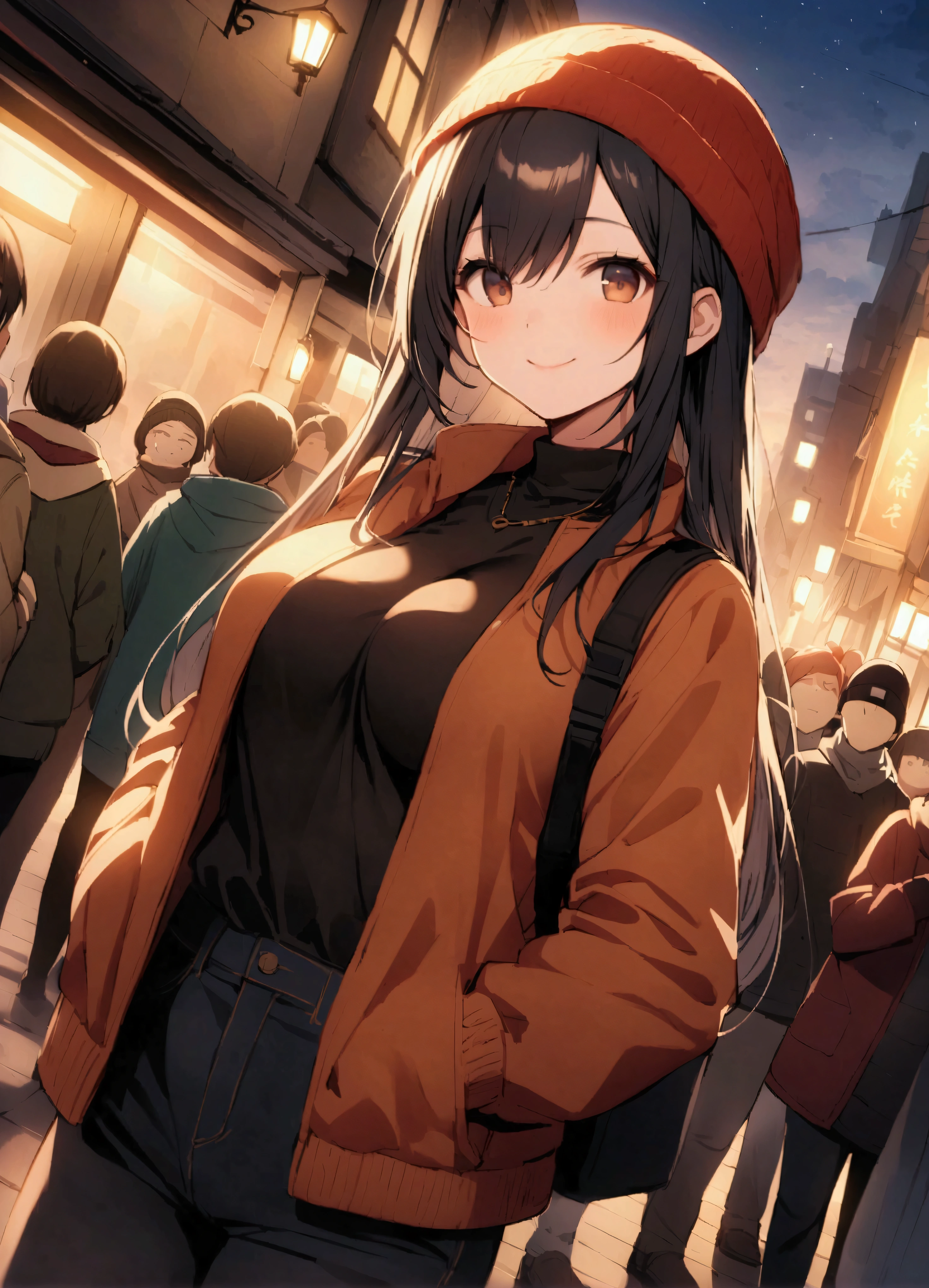 kotegawa yui、Black Hair、Brown eyes、Long Hair、Large Breasts、、レターマン Jacket、Jacket、、Outdoor、crowd、people々、in、目の上に in、Close one eye、smile、Beanie、pants、、はだけたJacket、、Cowboy Shots、solo、Looking at the audience、Dutch Angle、