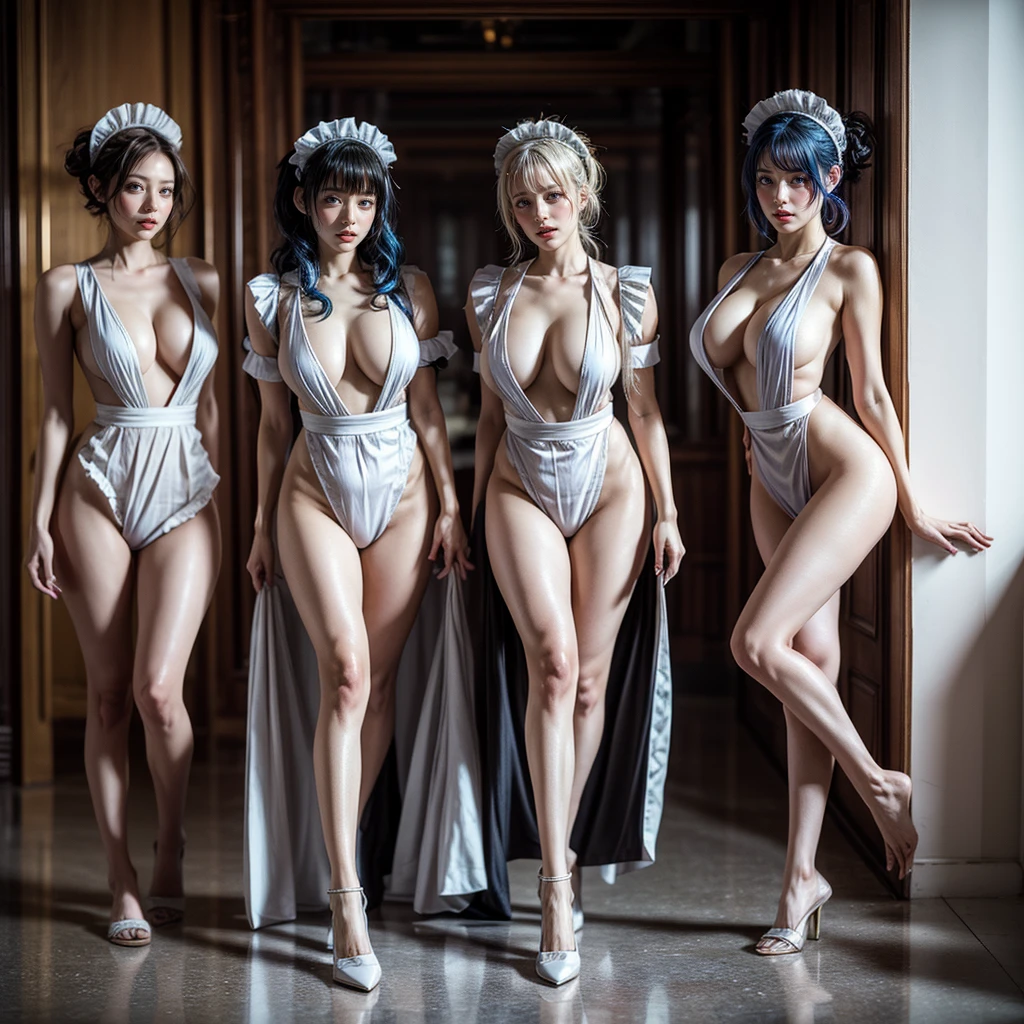 (Full Body of Extremely Detailed((Sexy Maid Group in a row:1.37))), KAWAII perfect face, Reflective Eyes, Detailed(Delicate Clothing textures), Correct Leg Line, Dynamic Joyful Expressions LifeLike Rendering, Specular Reflection, TopQuality 8K Ultra-detailed masterpiece (ProfessionalPhoto:1.37), (Acutance:0.8), (Luminism:1.28), (Renaissance art style), Colorful Light particles, ((Full body from side)), {Kissing|Thigh Gap|AssFocus|(NakedApron with Overflowing SideBoob)}, Radiant Fine Skin with Transparency, (Exposed:0.4), (Different types of Anime hair color){Pink Hair|Blue Hair|Platinum Blonde|Pure White Hair|Liquid Hair}, Perfect Lighting
