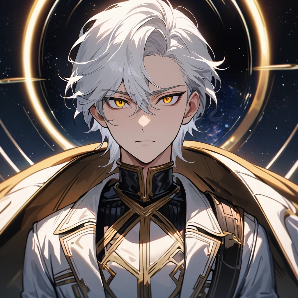 High quality, HD, 4k, no shadows, handsome male, handsome, 1male, 18 years old, 18yo, short white hair, white hair, white hair, white hair, sharp eyes, deep golden colored eyes, dark gold colored eyes, deep gold eyes, gold eyes, devil may cry, close up, calm expression, stoic expression, black leather clothes, white leather clothing, lean body, well trained body, upper body, looking at viewer, cowboy shot, white solar, space background